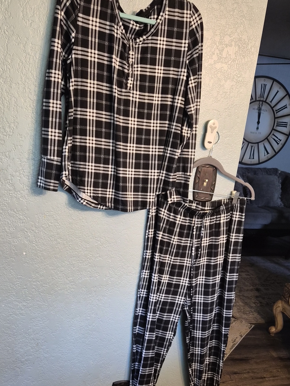 Cynthia Rowley Black & White Plaid Long-Sleeve Pajama Set